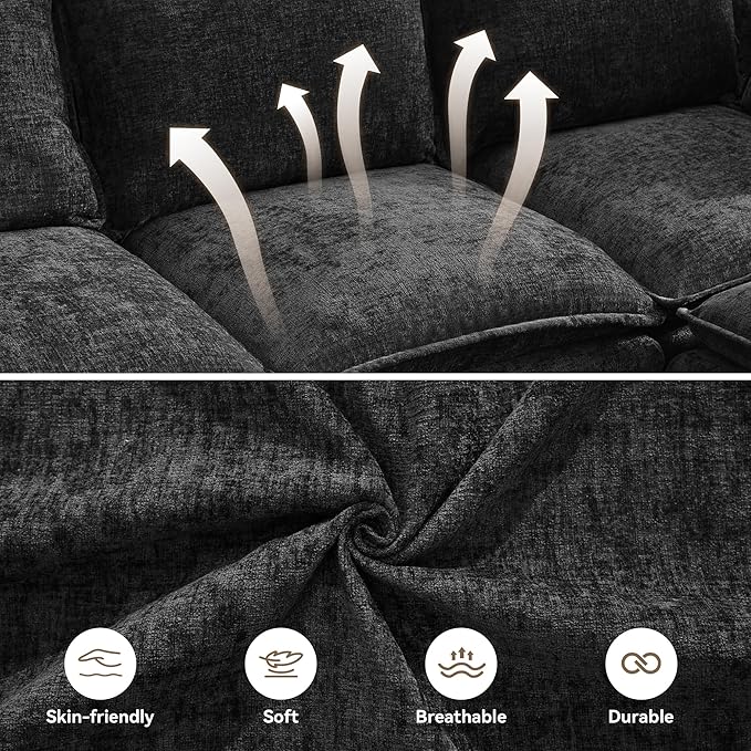 55" Cloud Modular Loveseat Sofa with Storage, Modern Upholstered Sofa Couch Small Love Seat，2 Seater Chenille Comfy Sectional Sofa with Armrests for Living Room, Small Space, Black