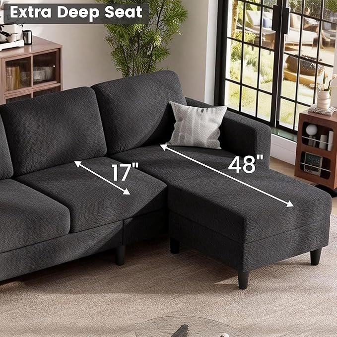 73" Sectional Sofa Couch for Living Room, Black Convertible L Shaped Sofa with Reversible Ottoman, 8" Extra Thick High-Density Cushions, Modern Velvet Fabric 3 Seater Sofa for Small Space