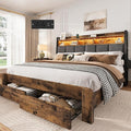 BRELTAM Queen Bed Frame with 2 Storage Drawers and 2-Tier Headboard,Upholstered Wooden Platform Bed with Charging Station, LED Lights,Noise-Free/Metal Support/No Box Spring Needed,Vintage Brown