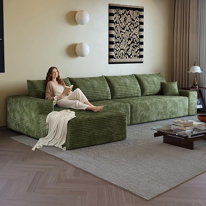 136" Sectional Couches for Living Room Cloud Couch Sofa with L-Shape Upholstered Boneless Couchs Modern Modular Sectional Couch with Chaise (Green, 136" Left Facing Chaise+3Seaters)