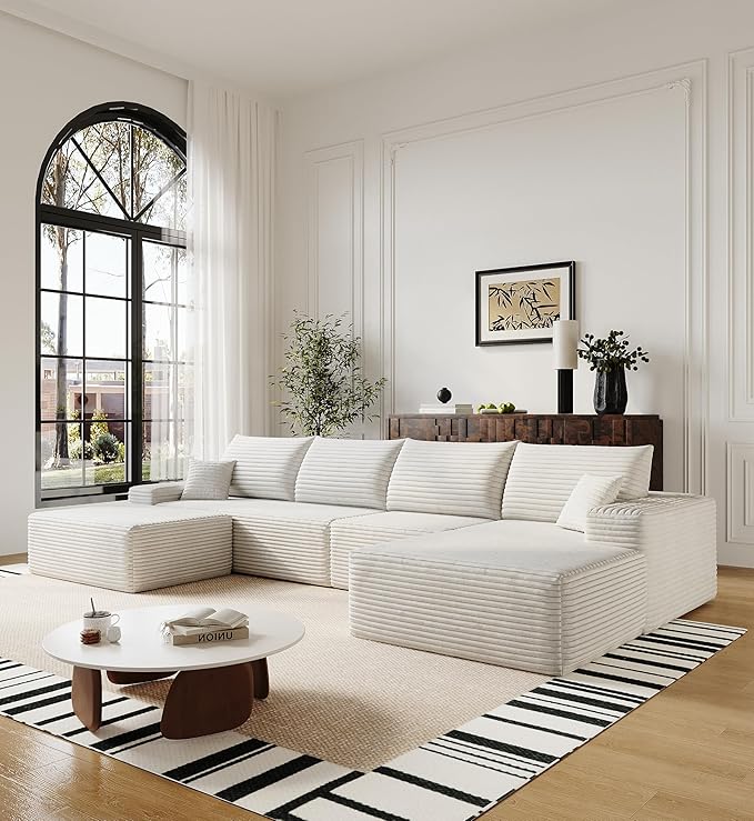 136" Sectional Couches for Living Room Cloud Couch Sofa with L-Shape Upholstered Boneless Couchs Modern Modular Sectional Couch with Chaise (White, 136" Right Facing Chaise+3Seaters+Ottoman)