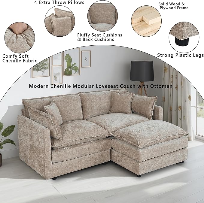 Setawix Deep Loveseat Couch with Ottoman,Large L-Shaped 2 Seater Cloud Couches for Living Room,77.16" Chenille Cloud Sofas with Deep Seat,Modular Sectional 2 Seat Sofa for Bedroom (Coffee, 2+1)