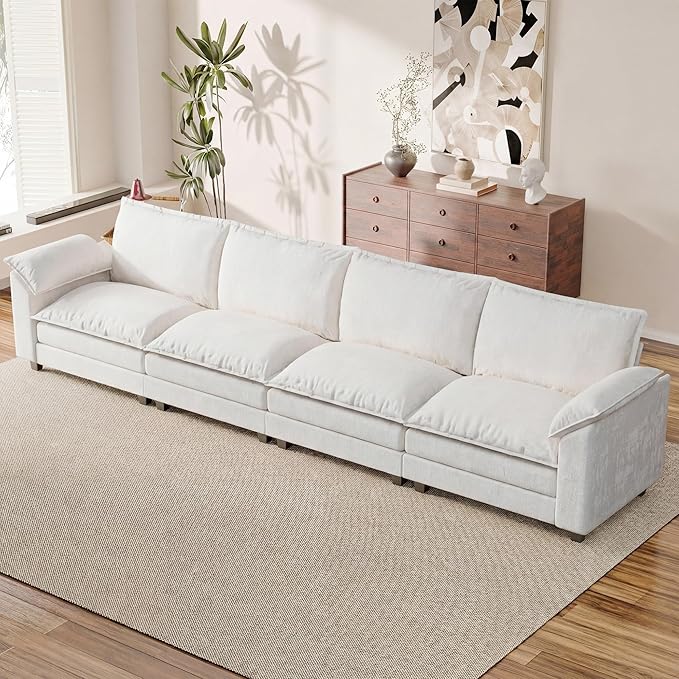 158.6'' Sectional Cloud Couch with 4 Seats & Wide Armrests, Oversized Linear Sofa with Double Layer Cushions, Comfy Chenille Couches for Living Room and Apartment (White, Linear Sofa)