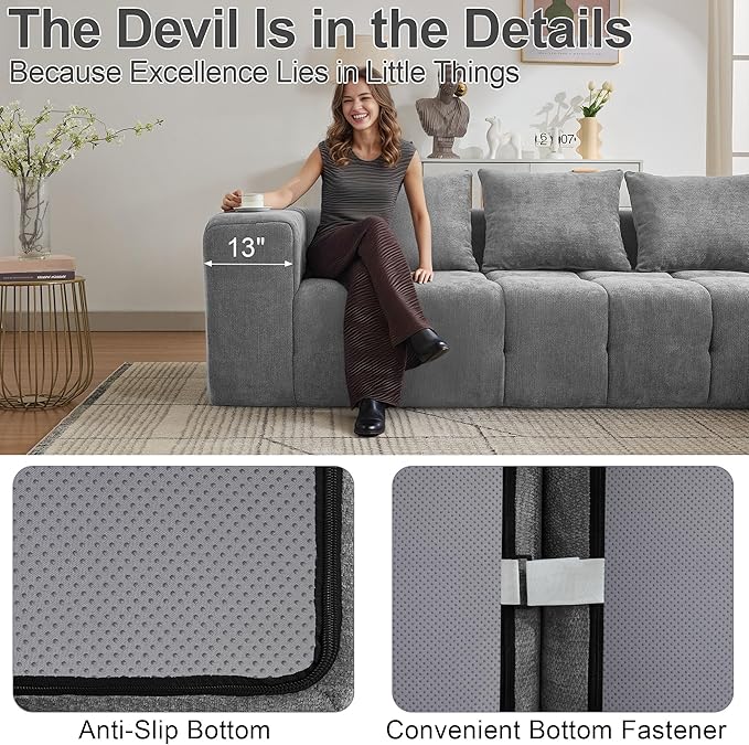 119" Boneless Couch, Cloud Sectional Couch with Deep Seat, High-Density Memory Foam and Chaise, Sectional L Shaped Sofa, Boneless Couches for Living Room, No Assembly Required Tufted Sofa, Light Grey