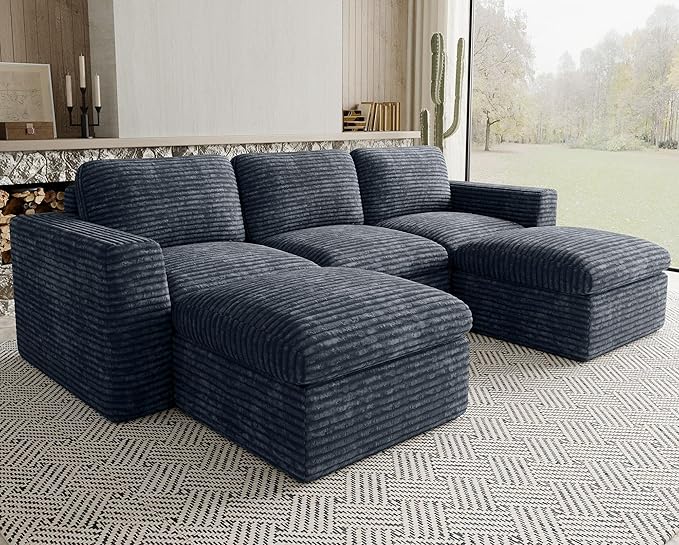 Belffin Boneless Modular Cloud Sectional Couch with Deep Seat Plush Corduroy 3-Seater Boneless U Shaped Couch with Ottoman No Assembly Required. Grey Sofa
