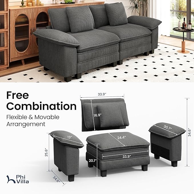 PHI VILLA Cloud Modular Couches Sets, 87.5" Sectional Loveseat Sofa with Upholstered Deep Seat, 2-Seater Comfy Couches for Living Room Bedroom, Corduroy Fabric, Grey