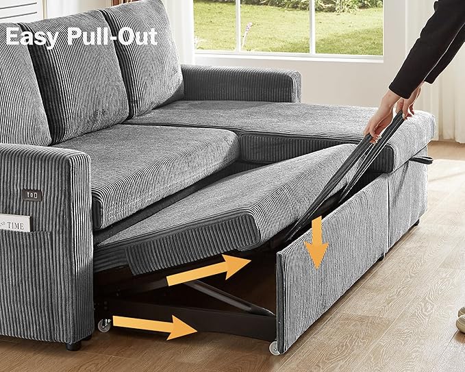 Vipbear 104" Sectional Sleeper Sofa Bed with Pull Out Bed, U Shaped Couch Pull Out Couch with Reclining Backrest, Reversible Storage Chaise, USB Ports, Tool-Free Assembly, Corduroy Grey