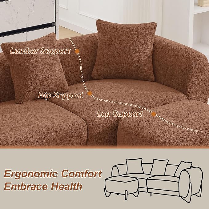 87" Sherpa Boucle Cloud Couch with Ottoman, Modern 3 Seater Sofa with Solid Wood Legs 25" Extra Deep Seat Comfy Thick Cushion Upholstered Sofa Couches with 3 Pillows for Living Room, Caramel