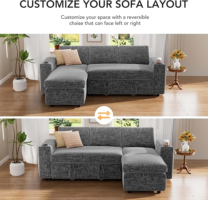 Vipbear Chenille Sleeper Sofa Bed, 82" Pull Out Couch with Reclining Backrest/Reversible Storage Chaise, 3 in 1 L-Shaped Couch with Armrest Storage | Cup Holder | Tool-Free Assembly | Grey