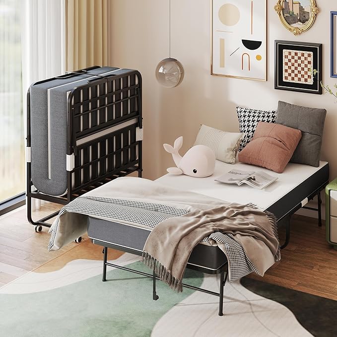 AQY Folding Bed with Mattress for Adults,75" x 38" Portable Rollaway Bed Guest on Wheels with Memory Mattress and Heavy Duty Sturdy Metal Frame,Foldable Bed for Adults,Guest, Twin Size,Cot Size-2 PCS