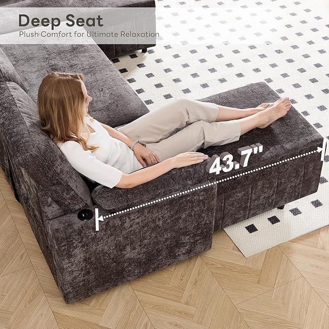 Tbfit 108'' Pull Out Sofa, Cloud Sleeper Sofa Bed with USB & 2 Storage Chaises, Comfy Oersized U Shaped Convertible Sectional Sleeper Couches for Living Room, Apartment, Office, Dark Gray