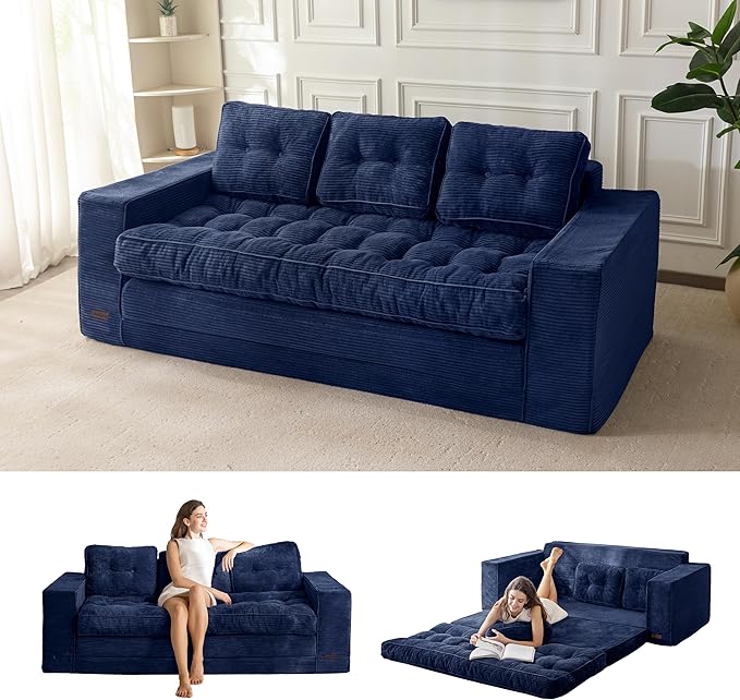 MAXYOYO Convertible Sofa Bed, Pull Out Oversized Loveseat Sleeper Sofa, 2 in 1 Folding Couch Bed, Fold Out Floor Couch with Pillows for Living Room Bedroom Lounge, Navy