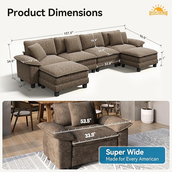 U Shaped Modular Cloud Couch, 157.5'' Oversized Chenille Sectional Sofa with Wider Armrest and Ottoman, Upholstered 6-Seat Modern Deep Seat for Bedroom Living Room, Taupe