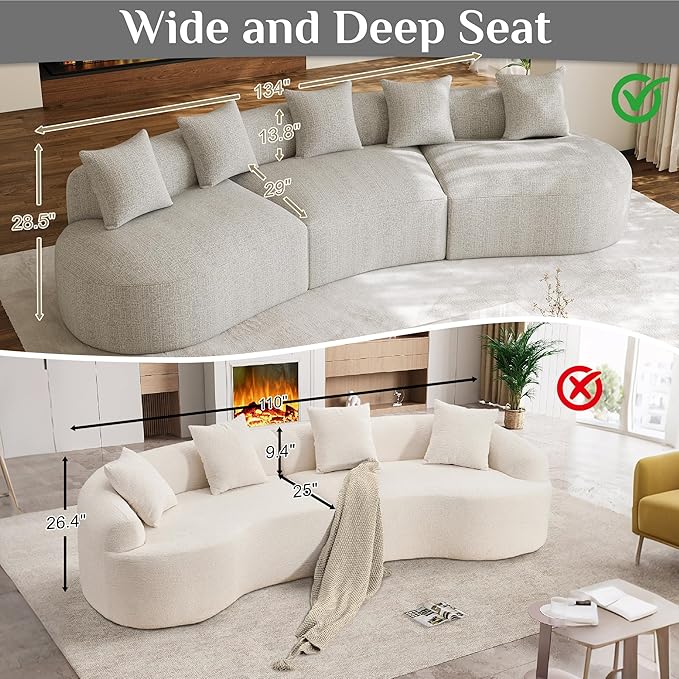 134" Curved Modular Sectional Sofa for Living Room, Modern Chenille Oversized Cloud Couch, Plush Luxury 6-Seater Extra Deep Seat Boucle Boneless Sofa, No Assembly Required, Grey