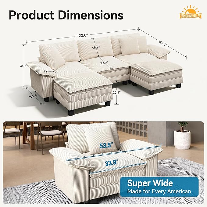 U Shaped Modular Cloud Couch, 123.6'' Comfy Corduroy Sectional Sofa with Wider Armrest and Ottoman, Upholstered 5-Seat Modern Deep Seat for Bedroom Living Room, Beige