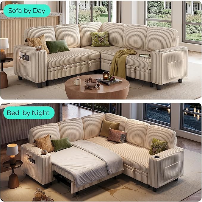 LINSY HOME Pull Out Sofa Bed Sectional Sleeper Sofa with Storage, Plush Corduroy Pullout Modular Sectional Couches for Living Room, L Shaped Convertible Couch Bed for Apartment (Beige)
