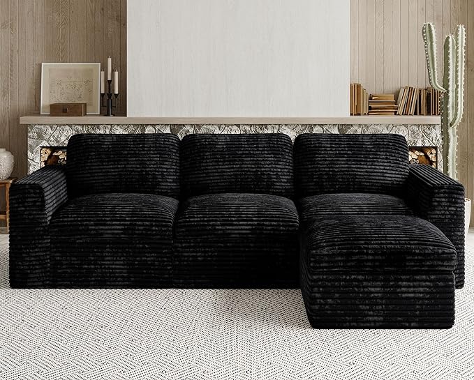 Belffin Boneless Cloud Modular Sectional Sofa 3-Seater L Shaped Couch with Ottoman Convertible Sofa Bed Plush Corduroy Cloud Sectional Couches for Living Room. Black Sofa