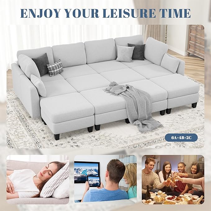 Sectional Sleeper Sofa, 6 Seaters Modular Sleeper Sofa Couch, Comfy Sectionals Couches Bed, Convertible Sofas with Ottomans, Modular Sectional Couches for Living Room, Light Grey