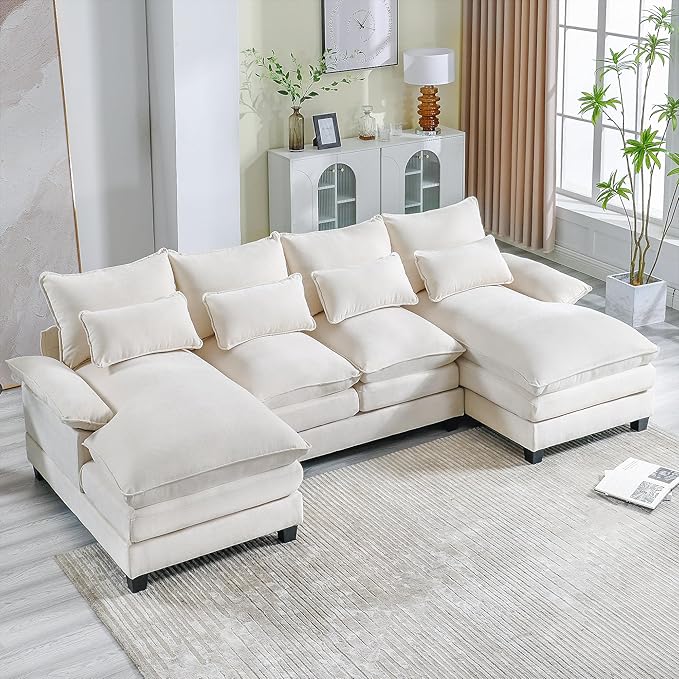 110.2" Modular U Shaped Cloud Couch, Modern 4-Seat Chenille Upholstery Sectional Sofa with Double Chaise & Double Layer Cushions, Deep Seat Comfy Couch for Living Room, Bedroom, Apartment, Beige