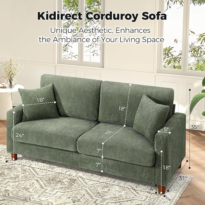 Kidirect 70in Corduroy Couch, Sofas for Living Room No Tool Assembly, Comfy Couches for Living Room 21in Deep Seats, Oversized Loveseat Sofa with 2 Pillows, 3 Seater Couch for Bedroom, Green Sofa