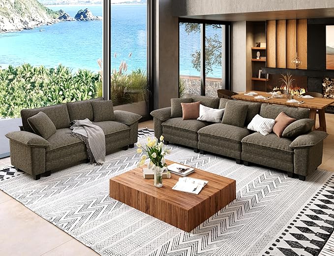 2 Piece Living Room Sofa Furniture Set, Oversized Chenille Modular Loveseat and 3-Seat Couch with Pillow, Modern 5-Seat Cloud Sectional Deep Seat for Apartment, Smoky Grey