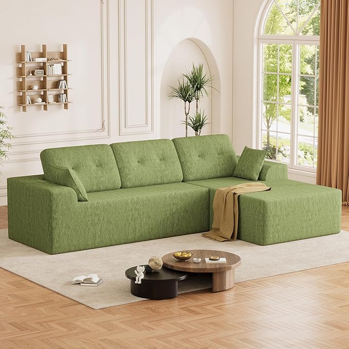 Ball & Cast 106" Cloud Sectional Couch, Compressed L-Shaped Sofa with Deep Seat Chaise, Boneless No Assembly Modular Couch, Foam & Spring Support, 2 Boxes (Right Facing, Chenille Green)