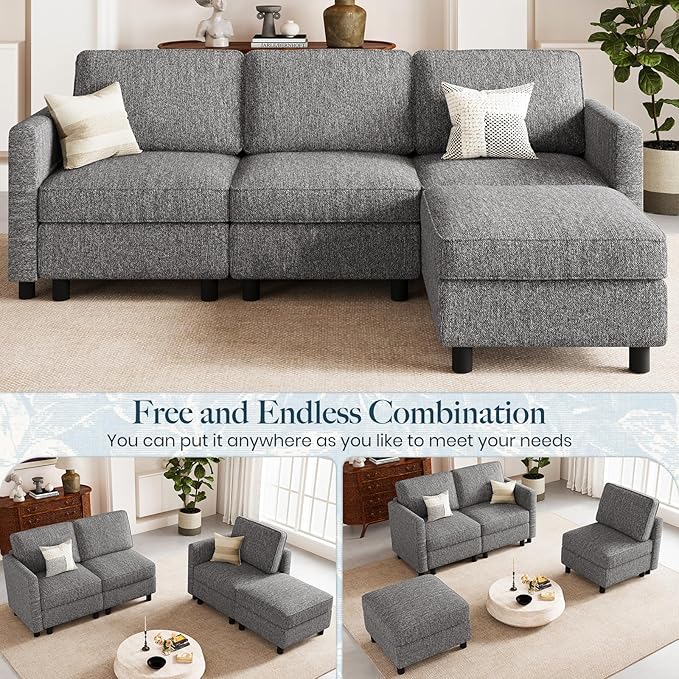 Belffin 84.3" 4 Seats L Shaped Couch Modular Sectional Sofa Washable Sectional Couches for Living Room Comfy Couches with Storage Seat Couch Sofas with Chaise,Grey