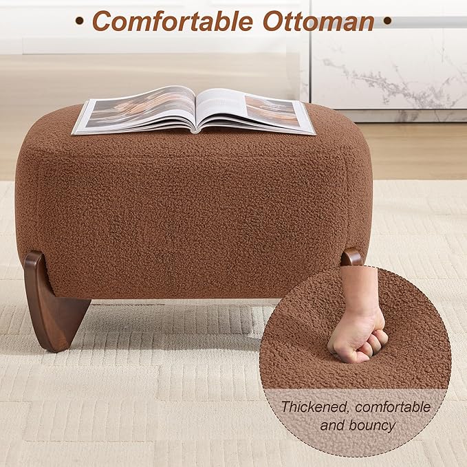 28.7" Sherpa Boucle Ottoman with Solid Wood Legs, Modern Upholstered Footstool, Comfy Ottoman for Living Room, Bedroom, Caramel