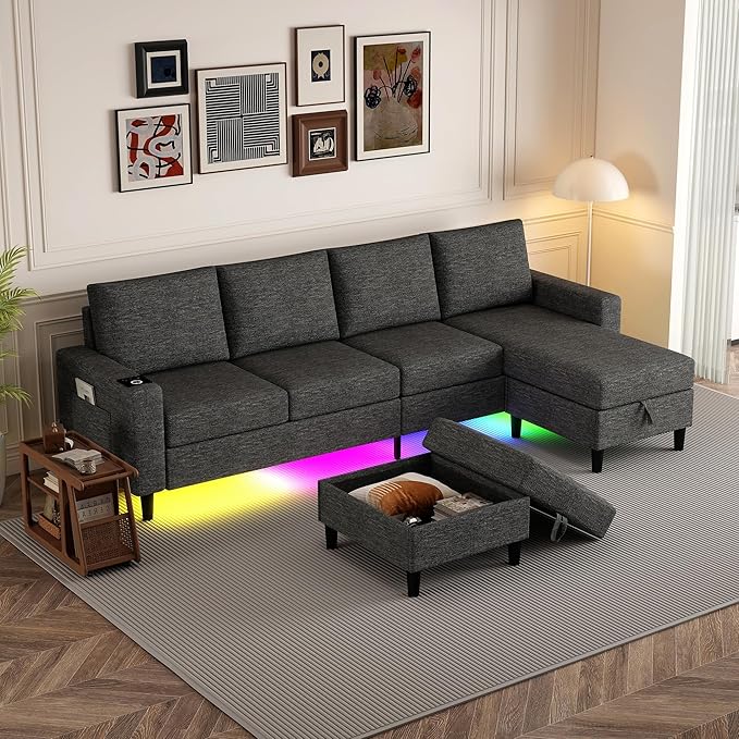 Sectional Couches for Living Room, 4 Seat Sectional Sofa with Smart Module-Wireless Charging/USB/Type-C/RGB Light, U Shaped Couch with Reversible Chaise Lounge/Storage Ottoman (Dark Grey)