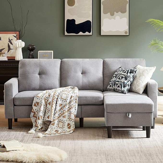 79" Convertible Sectional Sofa, Small L Shaped 3 Seat Couch with Storage Chaise and Side Pocket, Modern Linen Fabric Reversible Sofa Couches for Living Room, Apartment and Small Space