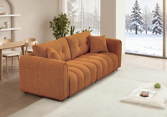 91.5" W Cloud Boucle Sofa for Living Room, Modern Comfy Boucle Couch with Rolled Arms and Soft Pillows, Teddy Oversized Loveseat for Apartment, Studio, Bedroom, Orange