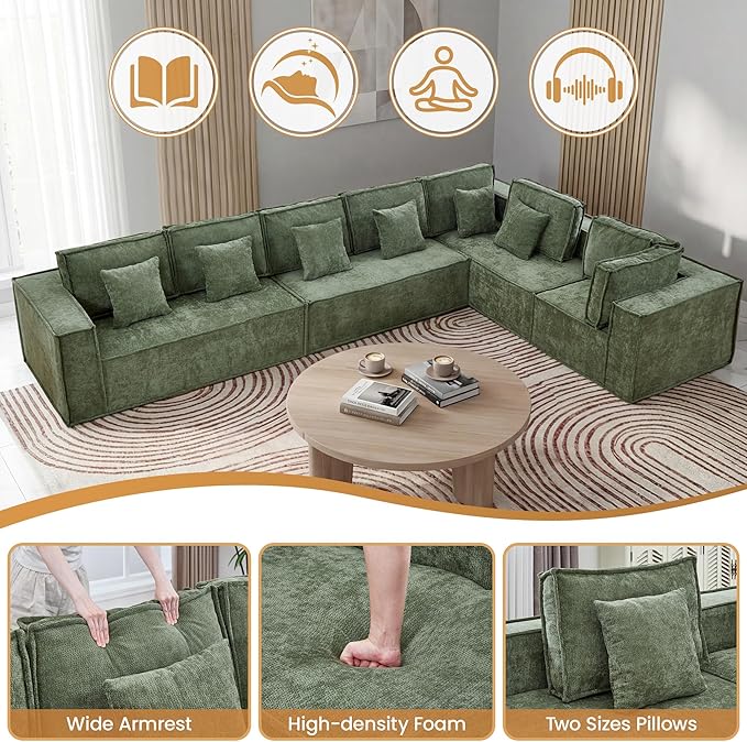 167'' Boneless Chenille L Shaped Couch, Oversized Modular Sectional 7 Seater Sofa, Modern Deep Seat Corner Cloud Compressed Couch, No Assembly Sleeper Sofa with Chaise for Living Room, Green