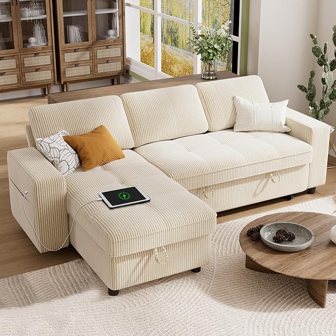Vipbear Sectional Sleeper Couch with Pull Out Sofa Bed, L Shaped Plush Corduroy Couch with Reclining Backrest & Storage & USB Charging, Convertible Cloud Sectional Sofa Bed for Living Room, Beige | Breathable material, Tool-Free Assembly, Reclining Bac...