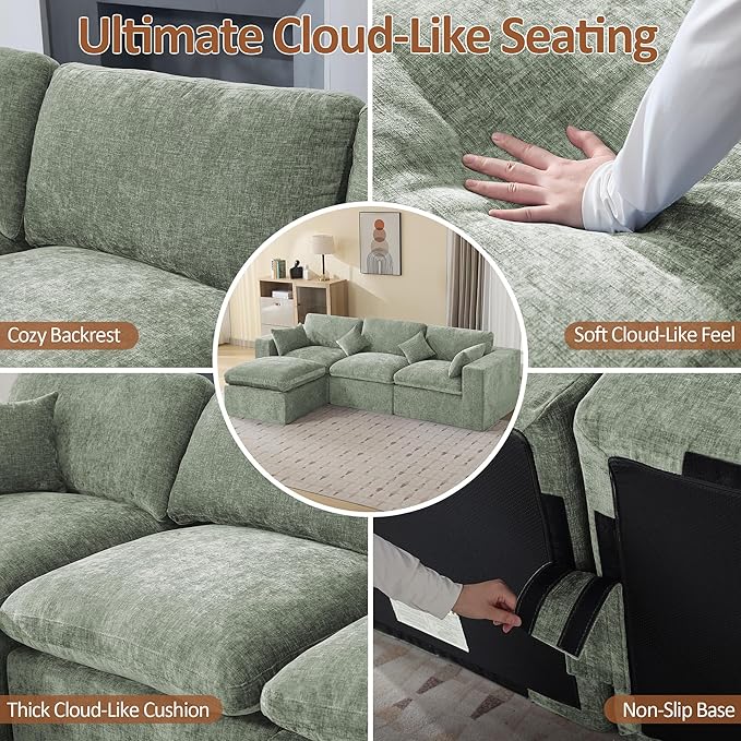 115''Cloud Boneless Sectional Couch, Modular Sectional Sofa Deep Seat with Ottoman, Oversized Upholstered Convertible Comfy 4 Seater Chenille Sofa L Shape Couches for Living Room, Green