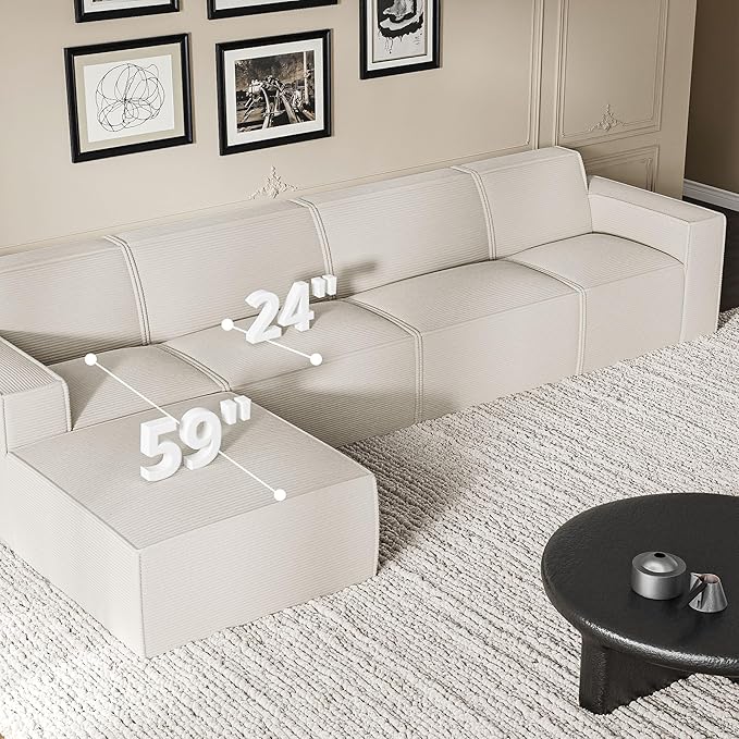 Cozy Castle 142" Modular Sectional Sofa, L Shaped Corduroy Boneless Couch with Deep Seat and Ottoman Chaise Cloud Sofa Upholstered Couches for Living Room Bedroom No Assembly Required (Beige)