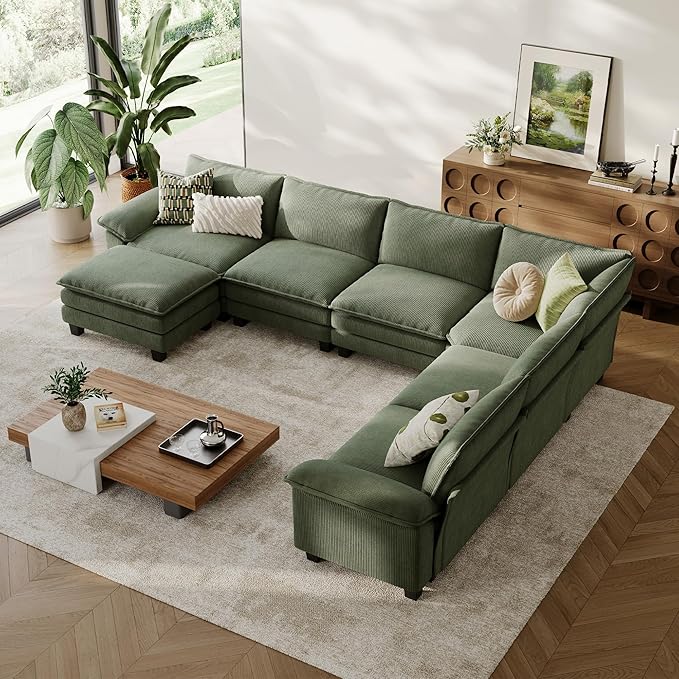 LINSY HOME Modular Sectional Sofa Couch Corduroy Cloud Couches for Living Room, U-Shaped Cloud Couch Sectional Sofas for Bedroom and Apartment, Green