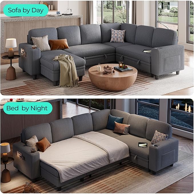 LINSY HOME Sectional Sleeper Sofa Pull Out Couches for Living Room (Grey, Sleeper Sofa 4) | Pull Out Sofa Bed, Storage, USB Charging, Cup Holders, Plush Corduroy