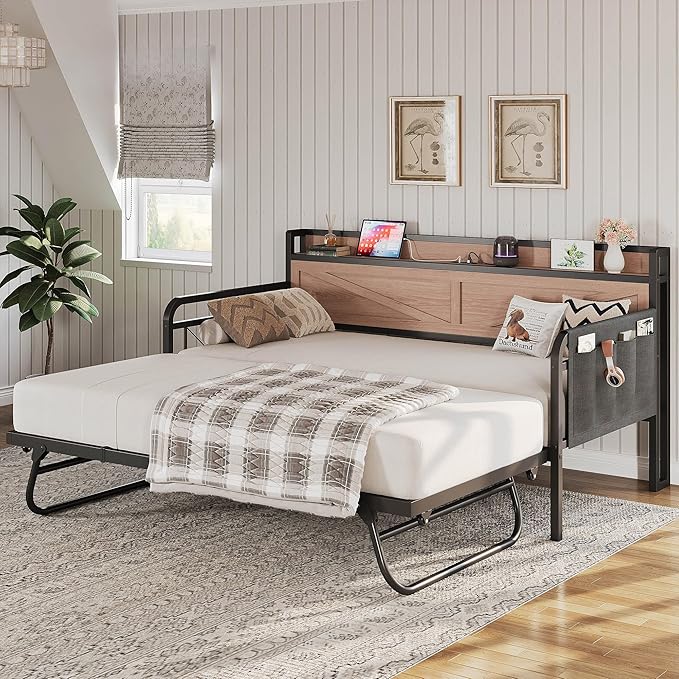 LIKIMIO Twin Daybed, Day Beds with Pop Up Trundle, Storage Headboard with Charging Station, Strong Supports for Apartment and Other Small Space, Wood Color