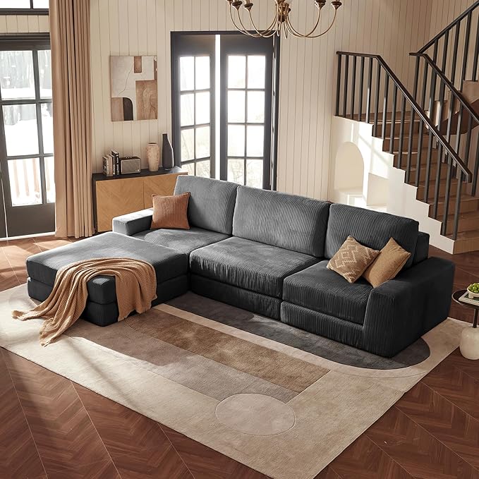 Modular Sectional Sofa, 120.47" Modern Cloud Couch Sectional Sofa with L-Shaped Chaise Comfy Corduroy Fluffy Couch with Deep Seat Boneless couches for Living Room Bedroom