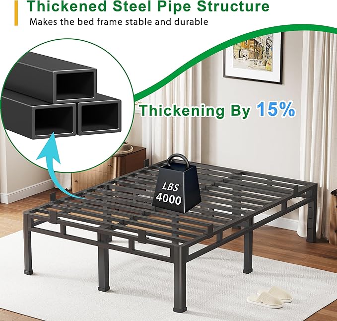 ROIL 14 Inch King Bed Frame, Double Layer Metal Bed Frame with Round Corner Legs, 4000LBS Bed Frame & Box Spring 2 in 1 Platform with Headboard Holes Mattress Baffles, Noise-Free Easy Assembly