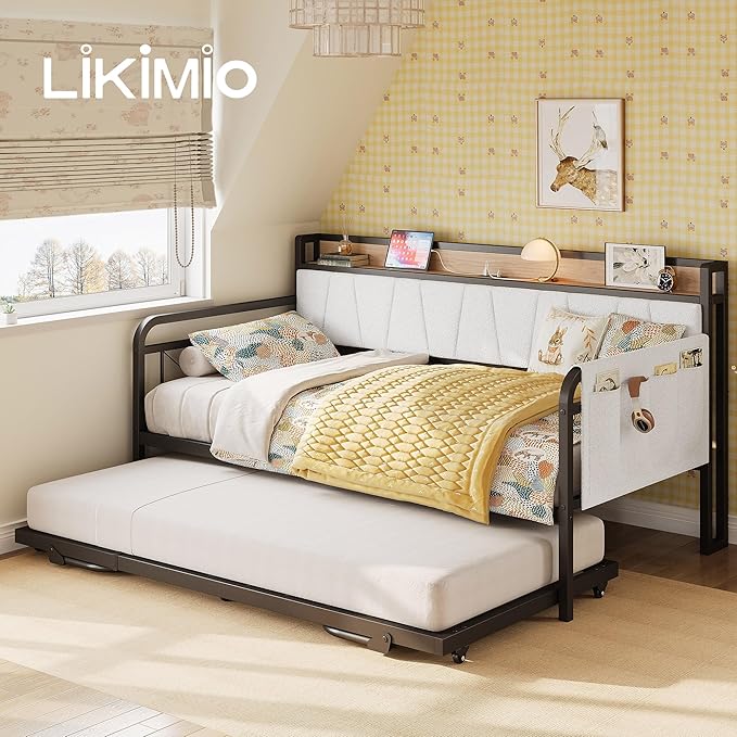 LIKIMIO Daybed with Trundle Bed, Twin Bed Frame with Storage Boucle Headboard and Charging Station, Sofa Day Bed with Strong Supports for Living Room, Bedroom, and Guest Room, Cream