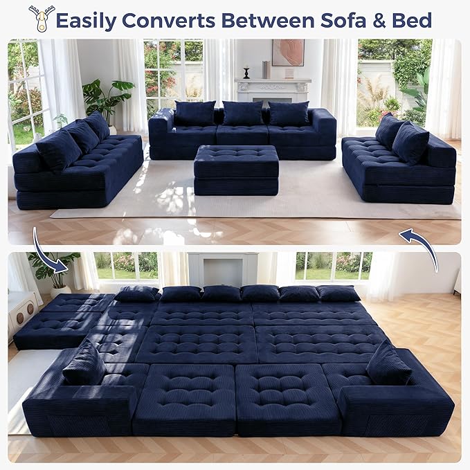 MAXYOYO Modular Sectional Sofa Couch, Foldable Oversized U Shaped Cloud Couch with Pillows, Tufted Boneless Sleeper Lounger Floor Sofa Bed for Living Room, No Assembly Required, Navy