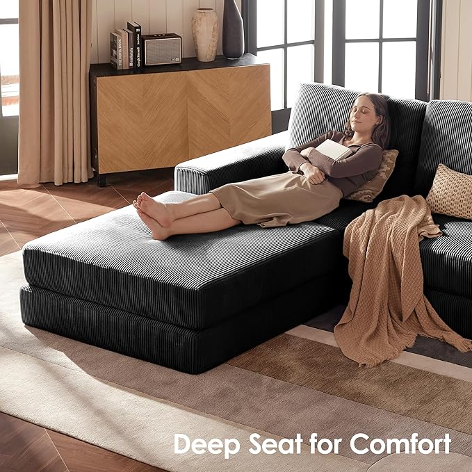 Cloud Couch Sectional, Oversized Boneless Couch Sofa with Deep Seat, Corduroy Comfy Cloud Modular Loveseat Sofa with Ottoman, Sectional Couches for Living Room No Assembly Required (Black)