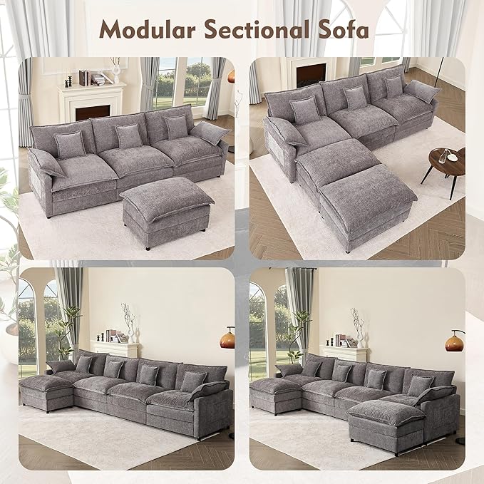 108" U Shaped Couch, Modular Sectional Sofa, 3-Seater Comfy Cloud Couch, Set of Modular Pieces with Movable Ottoman, Deep Seat Couches for Living Room, Chenille, Slate
