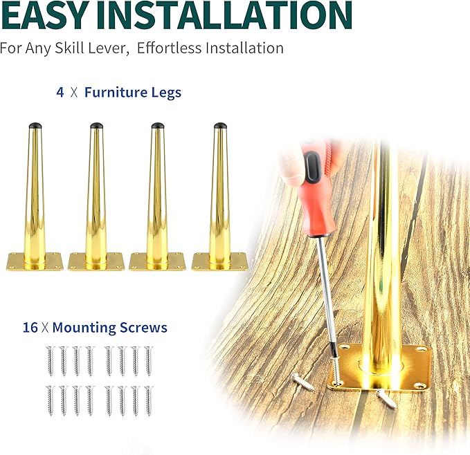 4pcs 8 Inch Furniture Legs, Straight Conical Metal Legs Luxury Gold Mid-Century Style Furniture Feet for Sofa Cabinet Table Chair Cupboard Couch Ottoman Home DIY Projects
