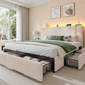 HomKdom King Size Bed Frame with 6 Storage Drawers, Soft Upholstered Bed Frame King with Adjustable Tall Corduroy Headboard, LED Light & Charging Station, 1200-LB Heavy Duty Metal Support,Modern,Beige