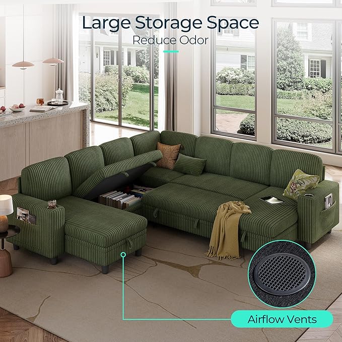 LINSY HOME Sectional Sleeper Sofa Pull Out Couches for Living Room (Green, Sleeper Sofa 5) | Pull Out Sofa Bed, Storage, USB Charging, Cup Holders, Plush Corduroy