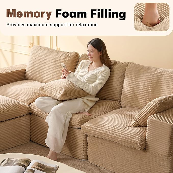 106.3” Sectional Couches for Living Room, Set of Cloud Couch, Modular Sectional Sofa, Convertible Sofas Bed, Deep Seat Sofa, L Shaped Cozy Sofa Furniture Set, Corduroy, Camel