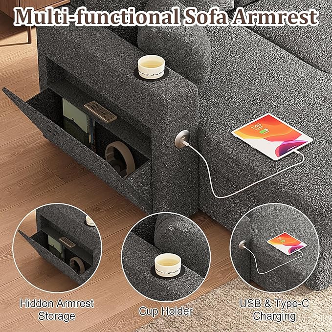 Sleeper Sofa Bed, 4-in-1 Pull Out Couch with Reversible Chaise | Dual USB & Type-C Charging | Dual Cup Holders | Layered Storage (Armrest + Chaise) for Living Room, Apartment, Home Office (Dark Gray)