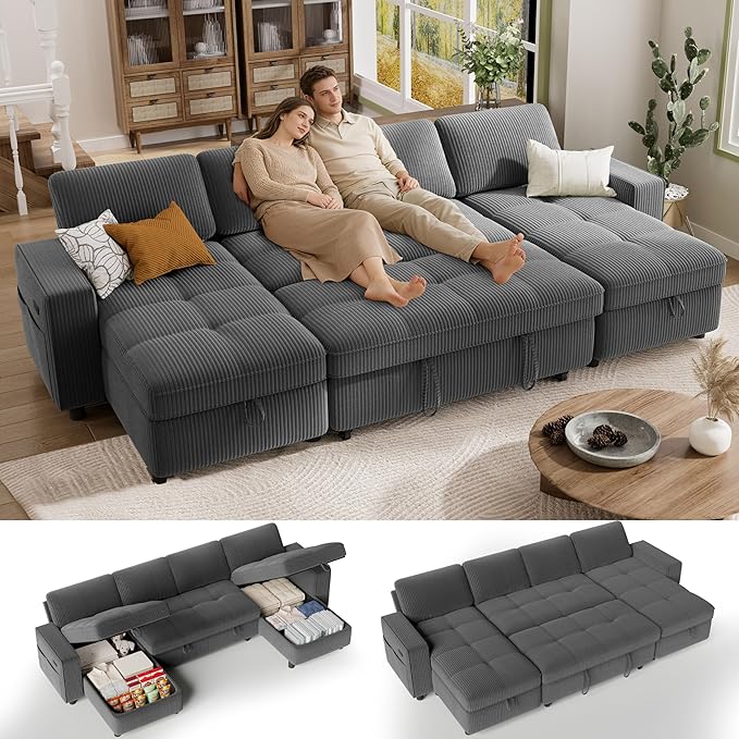 Vipbear Sectional Sleeper Couch with Pull Out Sofa Bed, U Shaped Plush Corduroy Couch with Reclining Backrest & 2 Storages & USB Charging, Convertible Cloud Sectional Sofa Bed for Living Room, Grey | Breathable material, Tool-Free Assembly, Reclining B...
